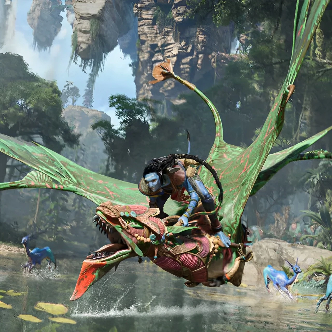 A Na'vi character riding a vibrant, green-colored flying creature, known as an Ikran or banshee, soaring over a lush, alien landscape. The background features floating mountains, dense tropical vegetation, and shimmering waters, showcasing a fantastical environment. This image reflects the dynamic and adventurous essence of Pandora's wildlife and culture.