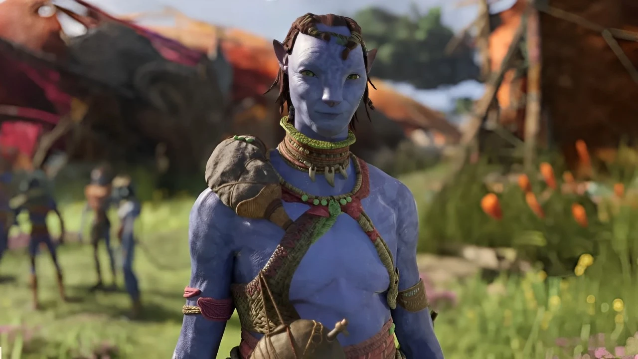 A close-up of a peaceful Na'vi character standing in a colorful village environment on Pandora. The character is adorned with traditional tribal jewelry and clothing made of natural materials, highlighting the harmonious relationship between the Na'vi and their ecosystem. Bright colors and intricate details in the background emphasize the rich culture and environment.