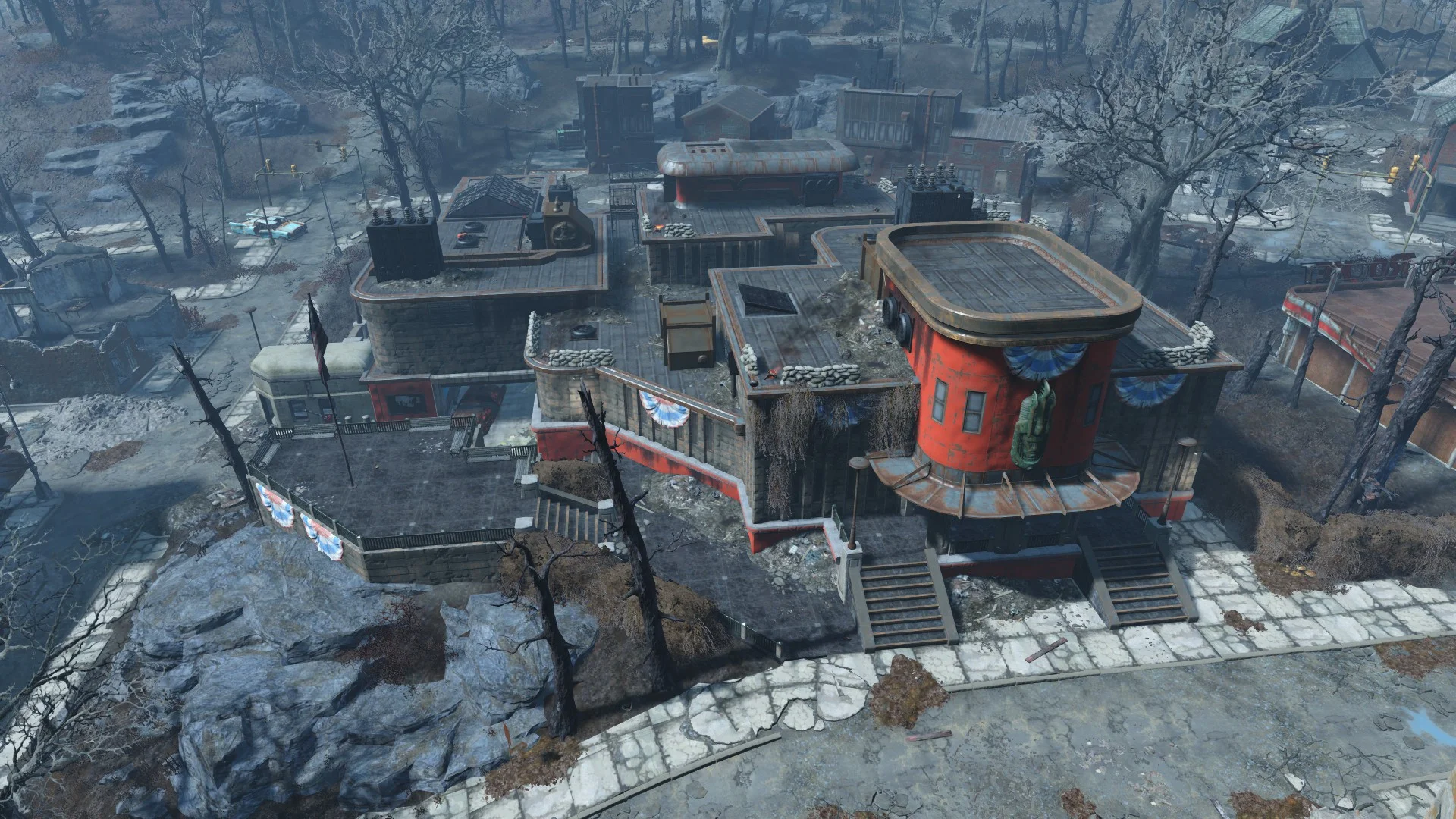 A shot of the Fort Hagen building, from above.
